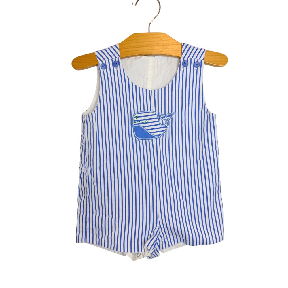 Boys n Berries Blue White Striped Whale Seersucker Romper 12M